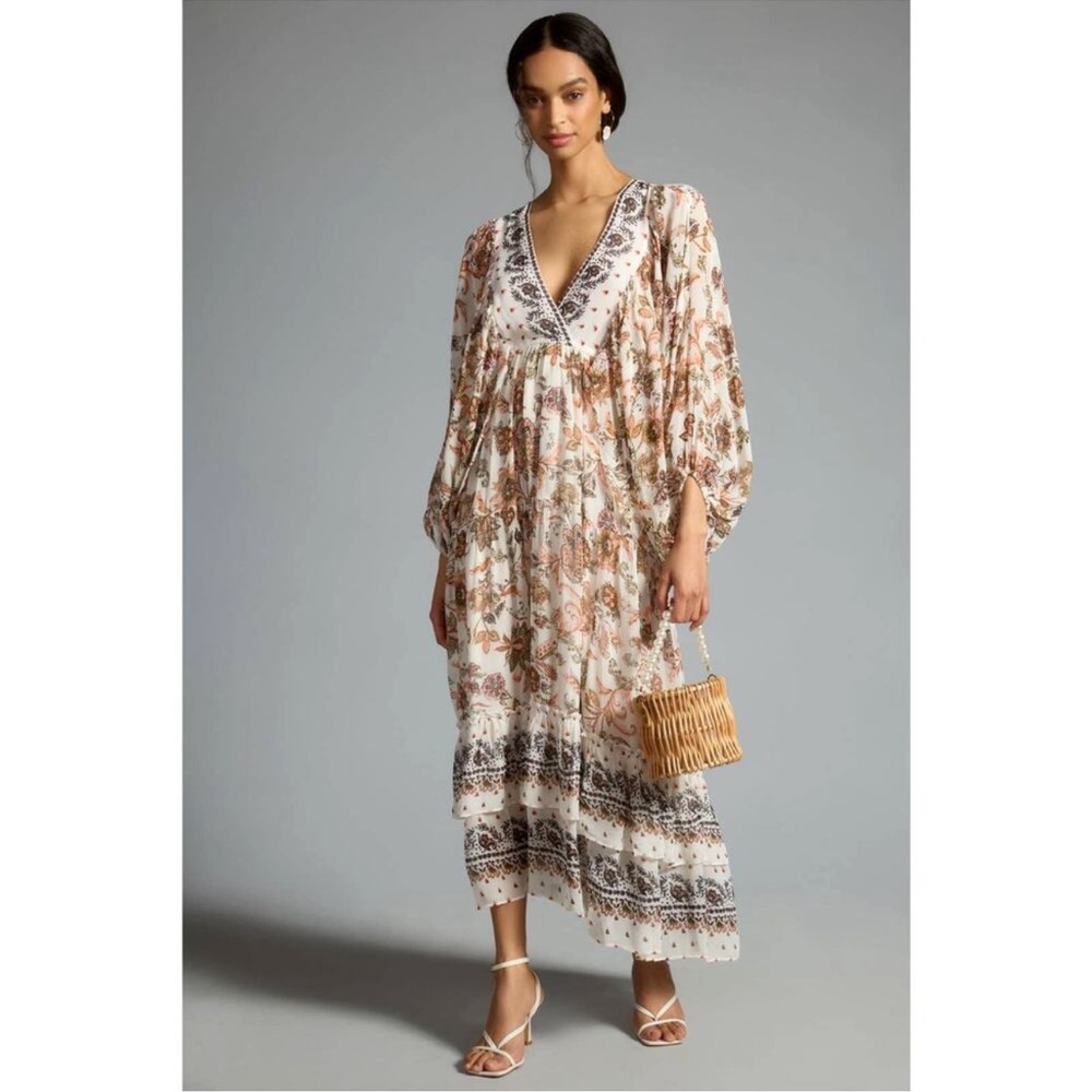ANTHROPOLOGIE V Neck Maxi Dress SP Floral Boho‎ Neutral Flowy Pockets